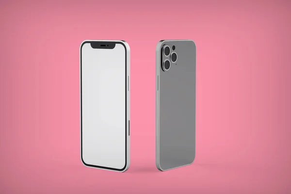 Deux Téléphones Argentés Mockup Sur Fond Rose Placez Votre Design — Photo