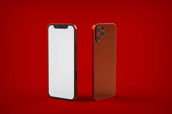 Kırmızı arkaplanda iki kırmızı telefon modeli, Tasarımınızı Yerleştirin, 3d Render