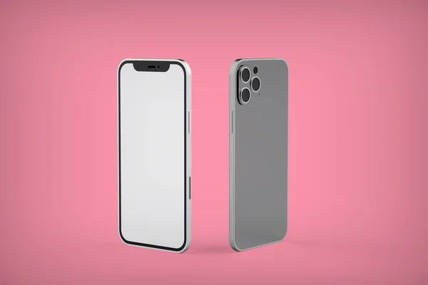 Dva Stříbrné Telefony Mockup Růžové Pozadí Umístěte Svůj Design Render Stock Snímky