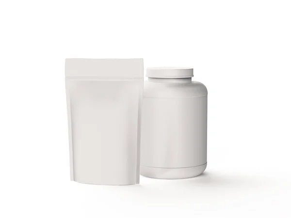 Plastik kavanoz ve folyo paketi beyaz arka planda izole edildi. Spor Beslenme, Beyaz Protein veya Gainer, 3D Render