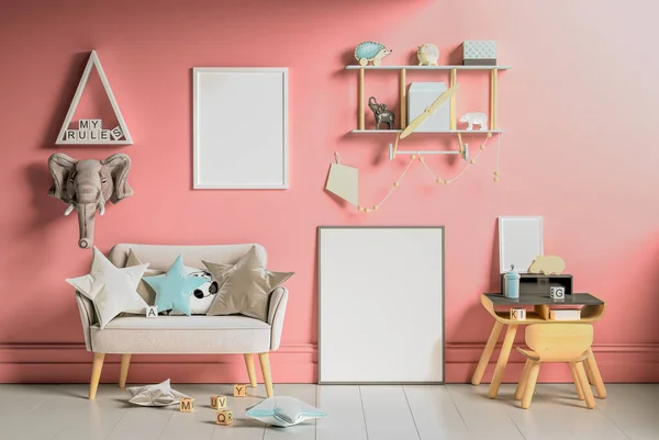 Çocuk odasının iç kısımlarına posterleri, boş pembe duvar arkaplanlarına posterleri, 3D görüntüleme