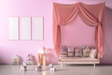 Çocukların yatak odasındaki gölgelikli maket posterleri. İskandinav tarzı. 3d Hazırlama