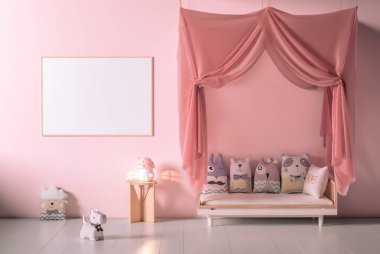 Çocukların oyun odasındaki pembe gölgelik, doldurulmuş hayvanlar, tahta oyuncaklar ve büyük poster modeli, İskandinav iç mimarisi 3D