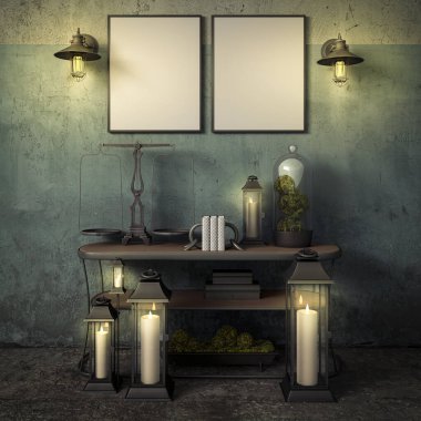 Kırsal sahne, karanlık iç plan, 3D görüntüleme, 3D illüstrasyon