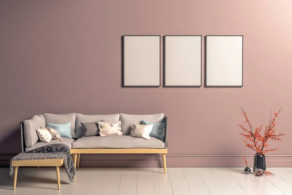 Üç adet boş yatay poster İskandinav tarzı oturma odası iç mekanı, modern oturma odası iç mekan, 3D tasarım.