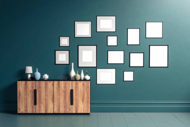 Oturma odasındaki ahşap büfe ve maket için 13 fotoğraf çerçevesi.