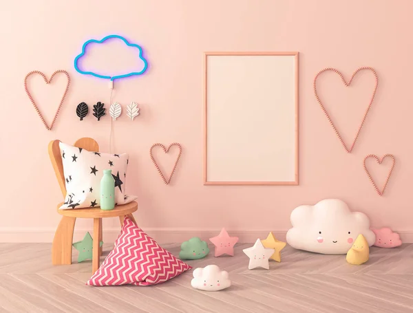 Çocuk odası, yerde yastıklar, posterler ve duvarda kalpler, mavi neon bulutlar, 3D render