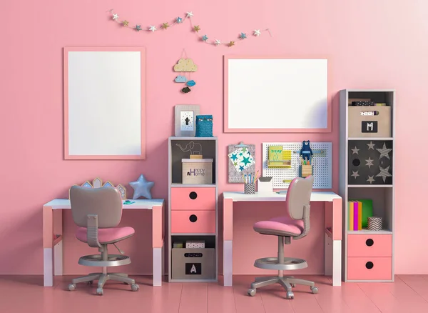 Çalışma ve çalışma masası olan modern çocuk odası, iç tasarım konsepti, 3D Render