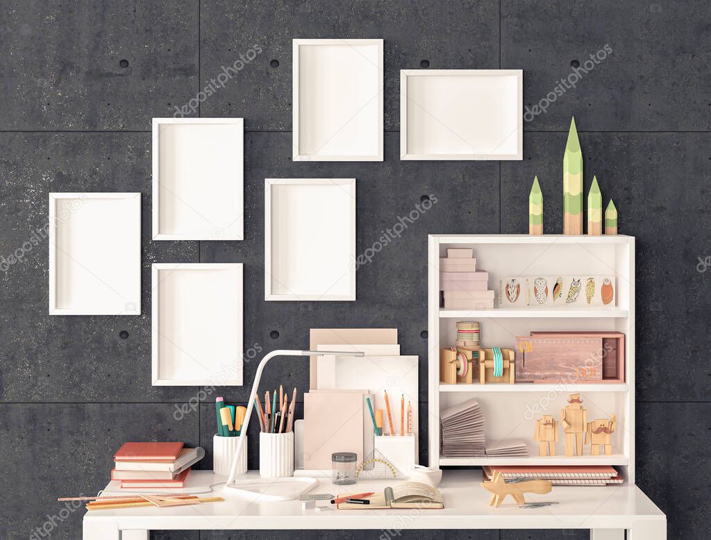 Work desk and small picture frames mockup on concrete wall. table full of utensils for drawing and decorating. 3D rendering