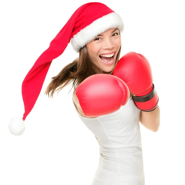 Mulher de Natal usando luvas de boxe — Fotografia de Stock