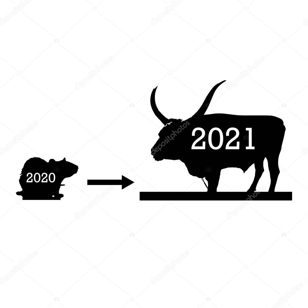 from rat to bull, New Year, 2021 vector solid icons