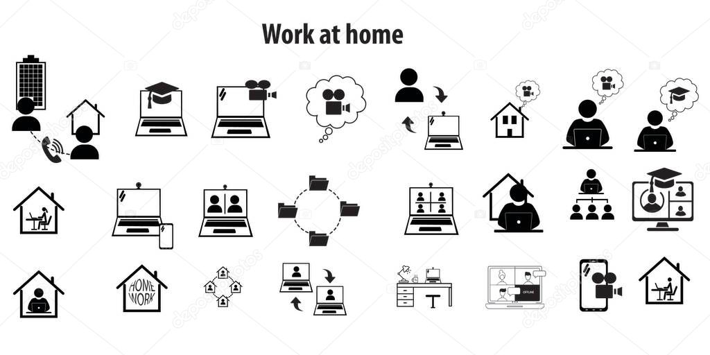 Work from home icon set. Included icons as self quarantine, stay home, working, online, video conference, office and more.