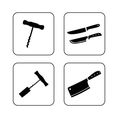 Mutfak ve yemek malzemeleri vektör simgeleri: tirbuşon, bıçak, bıçak baltası EPS 10