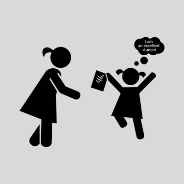 Neşeli kız okulda iyi bir puan aldı ve anne vektör ikonuna koşuyor.