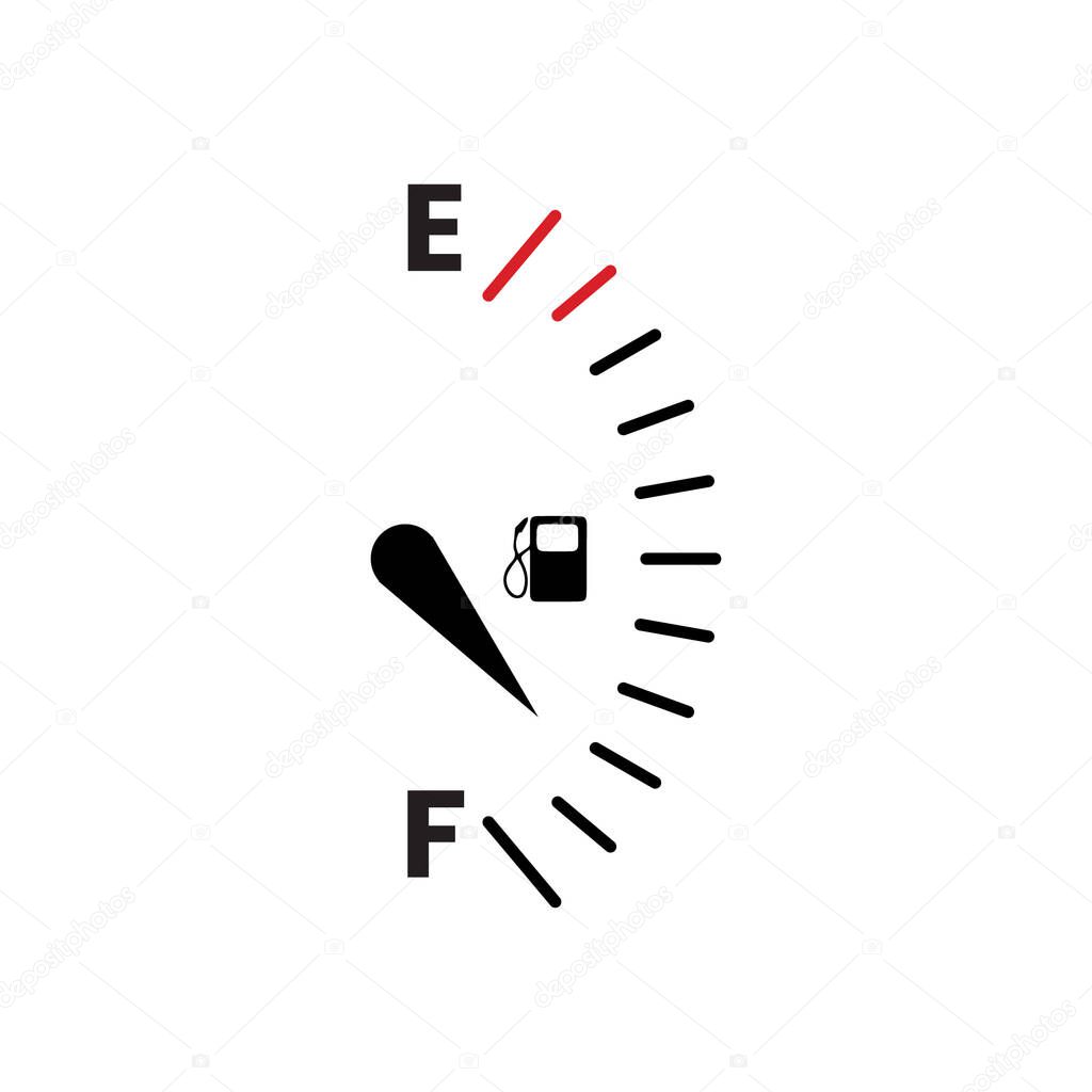 Fuel tank dial gauge sign. Transportation petrol level indicator symbol. Vector illustration.