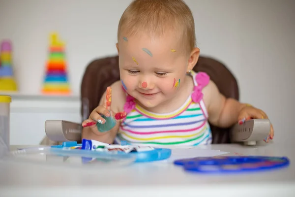 Education Kids Concept Closeup Portrait Cute Baby Painting — Stock Photo, Image