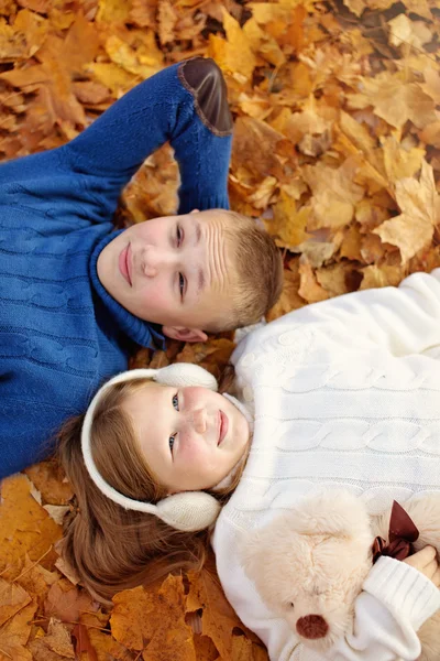 Autumn Fun Lovely Children Have Fun Autumn Leaves — Stock Photo, Image