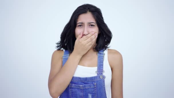 Close Sleepy Tired Young Woman Yawns Feeling Exhausted Lazy Suffering — Stock Video