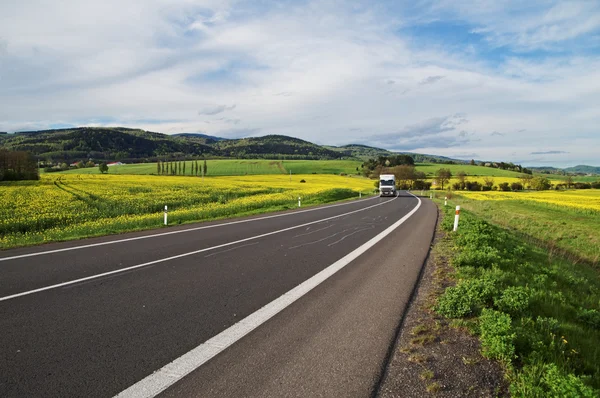 Белый грузовик прибывает издалека по асфальтированной дороге между желтым цветущим рапсовым полем — стоковое фото