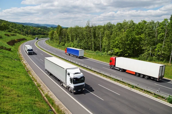 Lastbilar som reser på en asfalt highway mellan skogar. Skogsbevuxna berg i bakgrunden. Visa från ovan. Solig sommardag. Royaltyfria Stockbilder