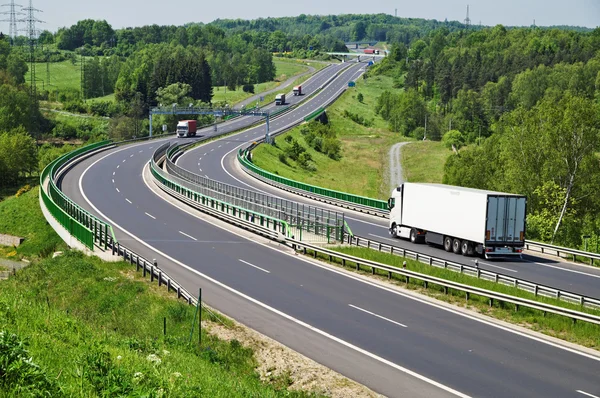 La carretera entre bosques, camiones en movimiento, puertas de peaje electrónico —  Fotos de Stock