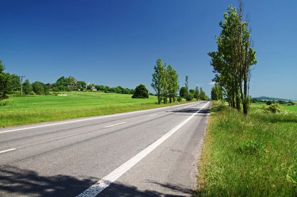 Uma estrada vazia alinhada com árvores na paisagem rural — Fotografia de Stock