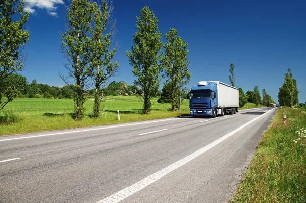 Strada fiancheggiata da vicolo di pioppo in campagna, camion di passaggio — Foto Stock