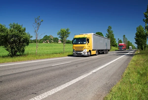 Weg omzoomd met bomen in een landelijke omgeving, drie passerende gekleurde vrachtwagens — Stockfoto