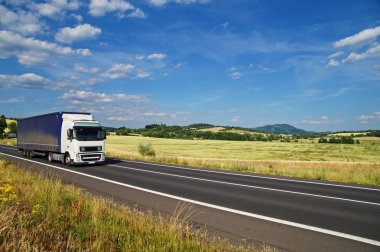 Kırsal manzara yolu ile beyaz bir kamyonet kullanıyorsun