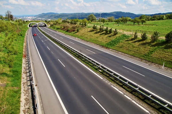 Korytarz autostrady z przejściem dla zwierząt, w odległości trzech czerwony samochód — Zdjęcie stockowe