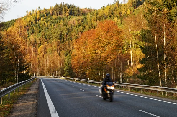 Camino de asfalto en el paisaje de otoño con una moto de paseo, sobre la carretera boscosa montaña — Foto de Stock