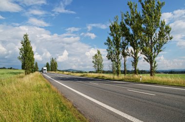 Uzaktan beyaz kamyon geliyor kavak sokak ile kaplı bir boş yol