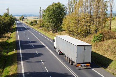 Kırsal kesimde ağaçlar arasındaki asfalt yol. Yolda iki beyaz kamyon.