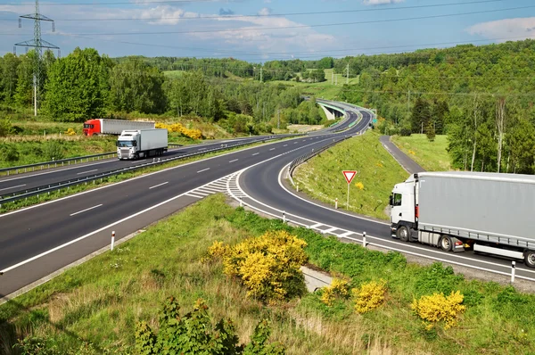 Snelweg op het platteland. Drie bewegende vrachtwagens. — Stockfoto