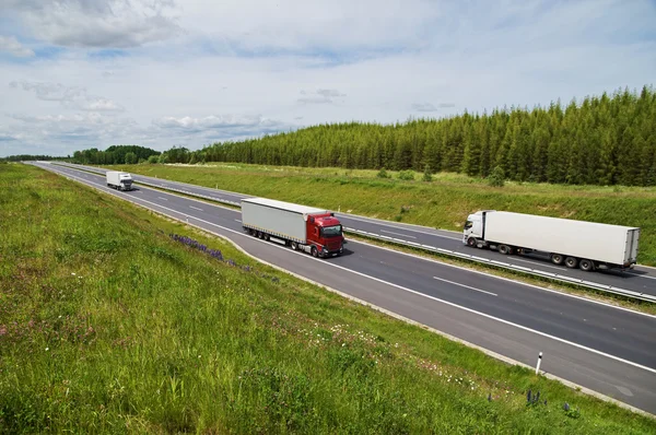 Asphalte autoroute hausse des prairies à fleurs. Trois camions sur la route . — Photo