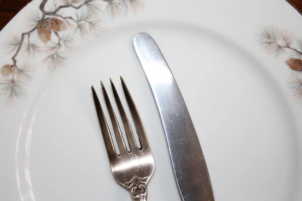 Forchetta e coltello su un piatto — Foto Stock