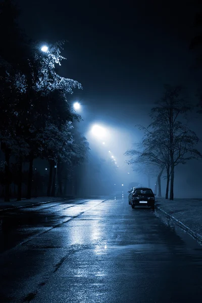 Foggy street di notte — Foto Stock