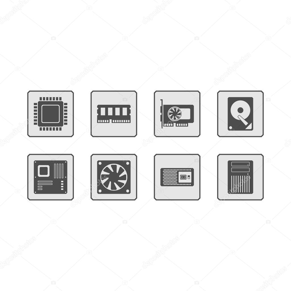 Set of web icons showing computer components. Simple flat design, grey color. Icon width is 128 px.
