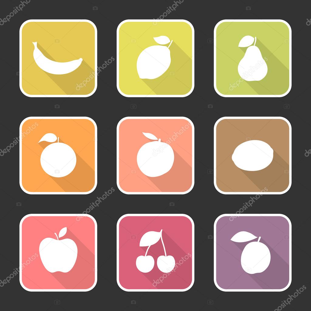 Flat icon set of fruits with long shadow on the square with white stroke.