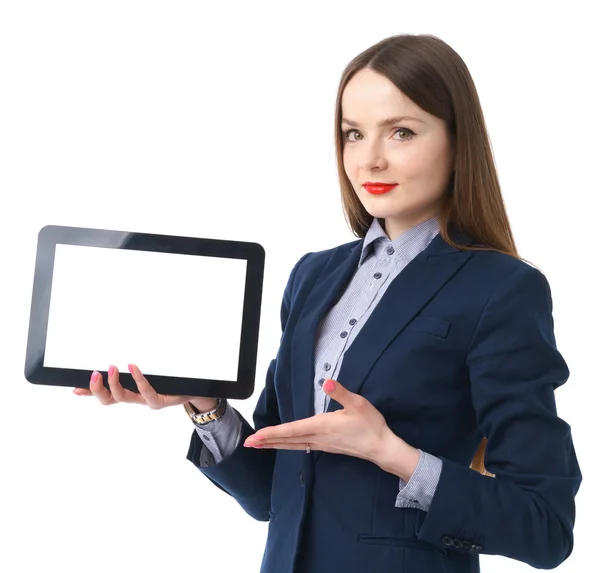 Zakenvrouw bedrijf tablet in handen — Stockfoto