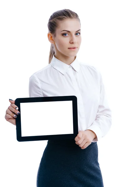 Zakenvrouw bedrijf tablet in handen — Stockfoto