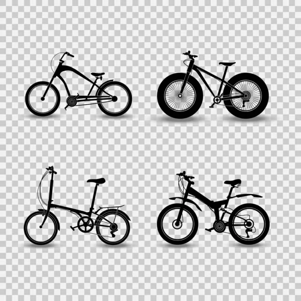Uppsättning Siluetter Cyklar Isolerad Transparent Bakgrund Vintage Sport Berg Cyklar — Stock vektor