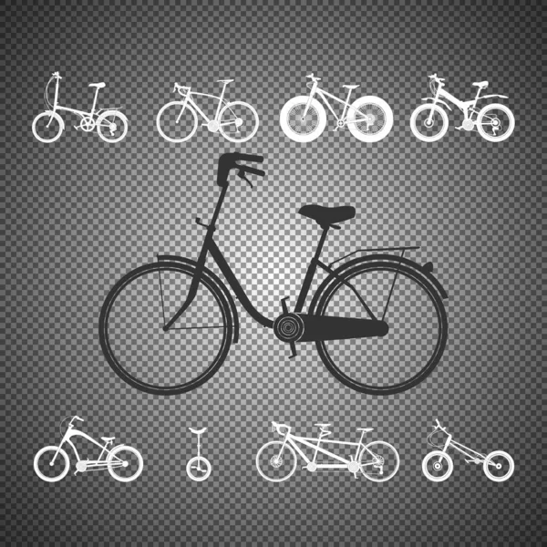 Набор Силуэтов Велосипедов Изолирован Прозрачном Фоне Винтаж Спорт Горы Велосипеды — стоковый вектор