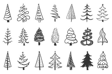 El çizimi Noel ağacı seti. Birçok grup siluet dekor simgeleri beyaz arkaplanda izole edilmiştir. Siyah renkli eskiz tarzı tatil ağaçları. Yeni Yıl ...