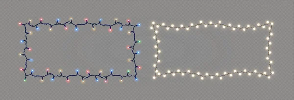Şeffaf bir arkaplanda Noel ışıkları. Noel ışıklarıyla parlayan çelenkler. Şenlik dekorasyonu elementi. Parlak Noel ışıkları. Bu çelenk çok renkli. İzole edilmiş. Vektör illüstrasyonu.