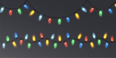 Şeffaf bir arkaplanda Noel ışıkları. Noel ışıklarıyla parlayan çelenkler. Şenlik dekorasyonu elementi. Parlak Noel ışıkları. Bu çelenk çok renkli. İzole edilmiş. Vektör illüstrasyonu.