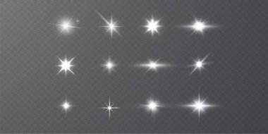 Şeffaf beyaz arka planda izole edilmiş parlayan yıldızlar. Efektler, parlaklık, parlaklık, patlama, beyaz ışık, ayarlandı. Yıldızların parlaması, güzel güneş parlaması. Vektör illüstrasyonu.