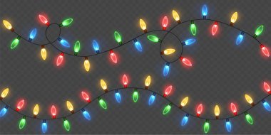 Şeffaf bir arkaplanda Noel ışıkları. Noel ışıklarıyla parlayan çelenkler. Şenlik dekorasyonu elementi. Parlak Noel ışıkları. Bu çelenk çok renkli. İzole edilmiş. Vektör illüstrasyonu.