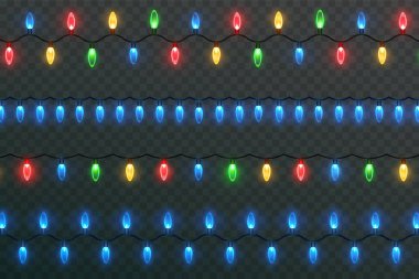 Şeffaf bir arkaplanda Noel ışıkları. Noel ışıklarıyla parlayan çelenkler. Şenlik dekorasyonu elementi. Parlak Noel ışıkları. Bu çelenk çok renkli. İzole edilmiş. Vektör illüstrasyonu.