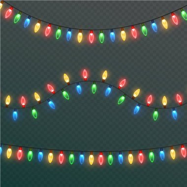 Şeffaf bir arkaplanda Noel ışıkları. Noel ışıklarıyla parlayan çelenkler. Şenlik dekorasyonu elementi. Parlak Noel ışıkları. Bu çelenk çok renkli. İzole edilmiş. Vektör illüstrasyonu.
